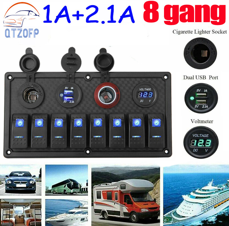 3.1a/4.2a 8 gang led rocker switch panel marine usb charging switch panel on-off + dual usb power car marine boat socket waterproof with led voltmeter for car boat rv truck atv utv camper caravan toggle switch panel 12v/24v car accessories