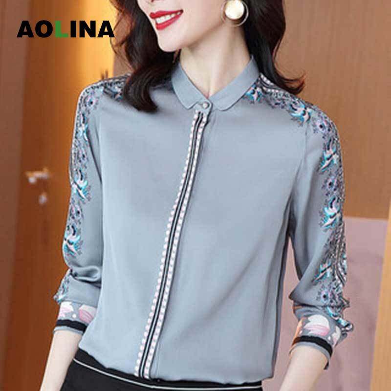 AOLINA 2023 Korean autumn new style retro silk ladies shirt design sense niche printing temperament long-sleeved mulberry silk blouses top