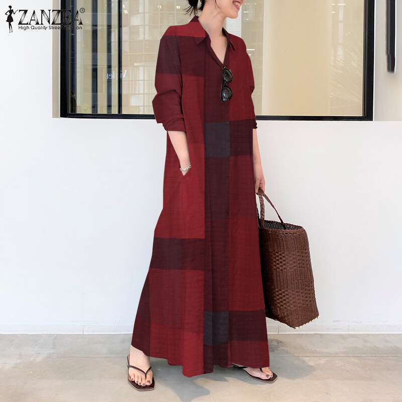 ZANZEA Womens Long Sleeve Plaid Check Casual Loose Kaftan Maxi Shirt Dress Plus Size