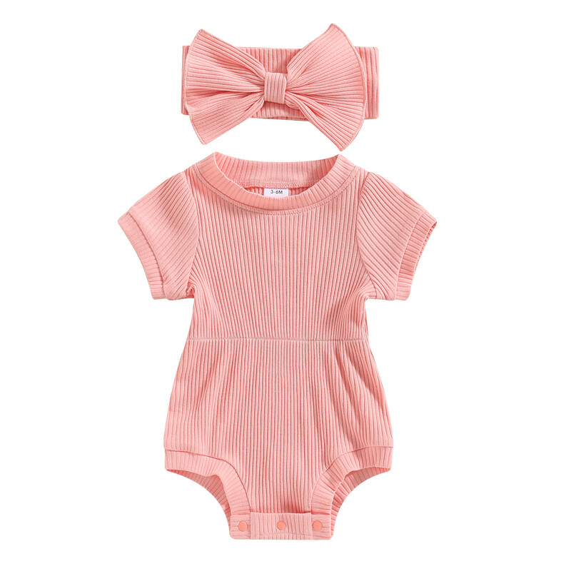 Baby Girls Jumpsuit Set Solid Color Ribbed Short Sleeve Romper with Bow Headband Summer Outfits