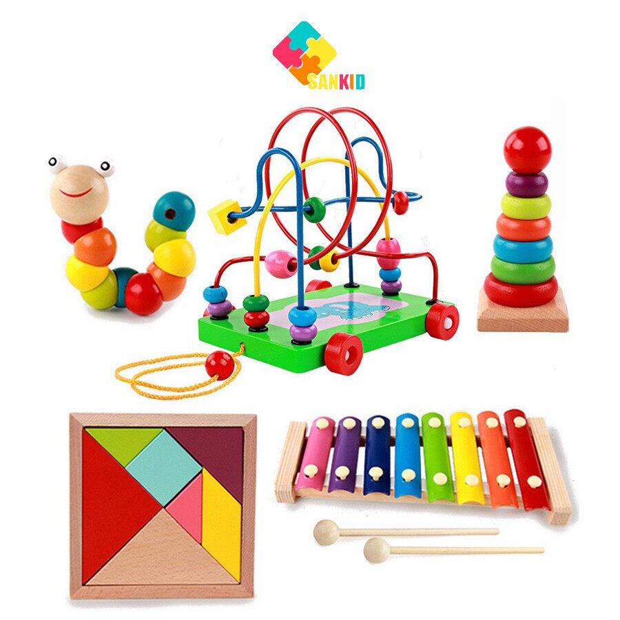 [Hoàn Tiền 10%]Combo đồ chơi gỗ 5 món đàn, sâu, tháp, luồn lớn, tangram