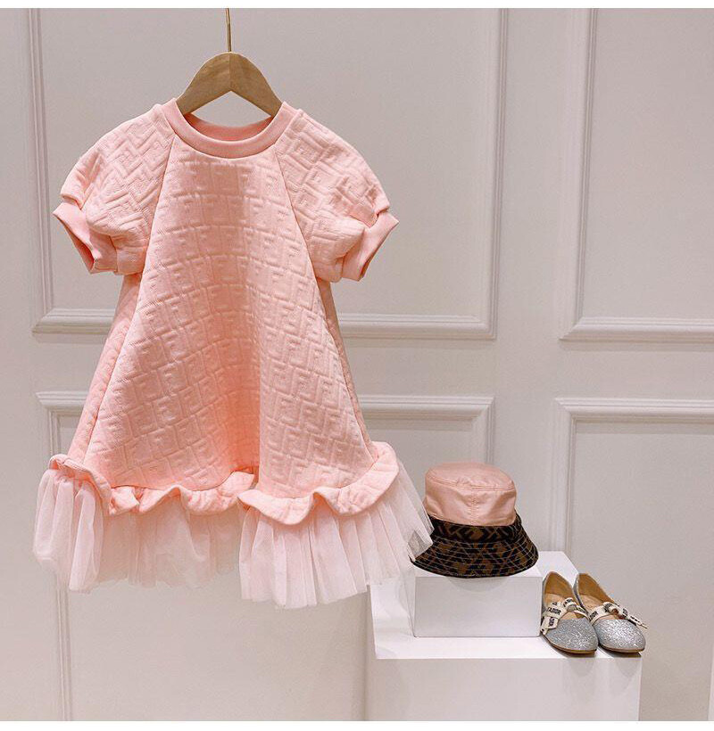 Esspreso children's girls pink dress medium and large girls' mesh short-sleeved princess dress children's clothing