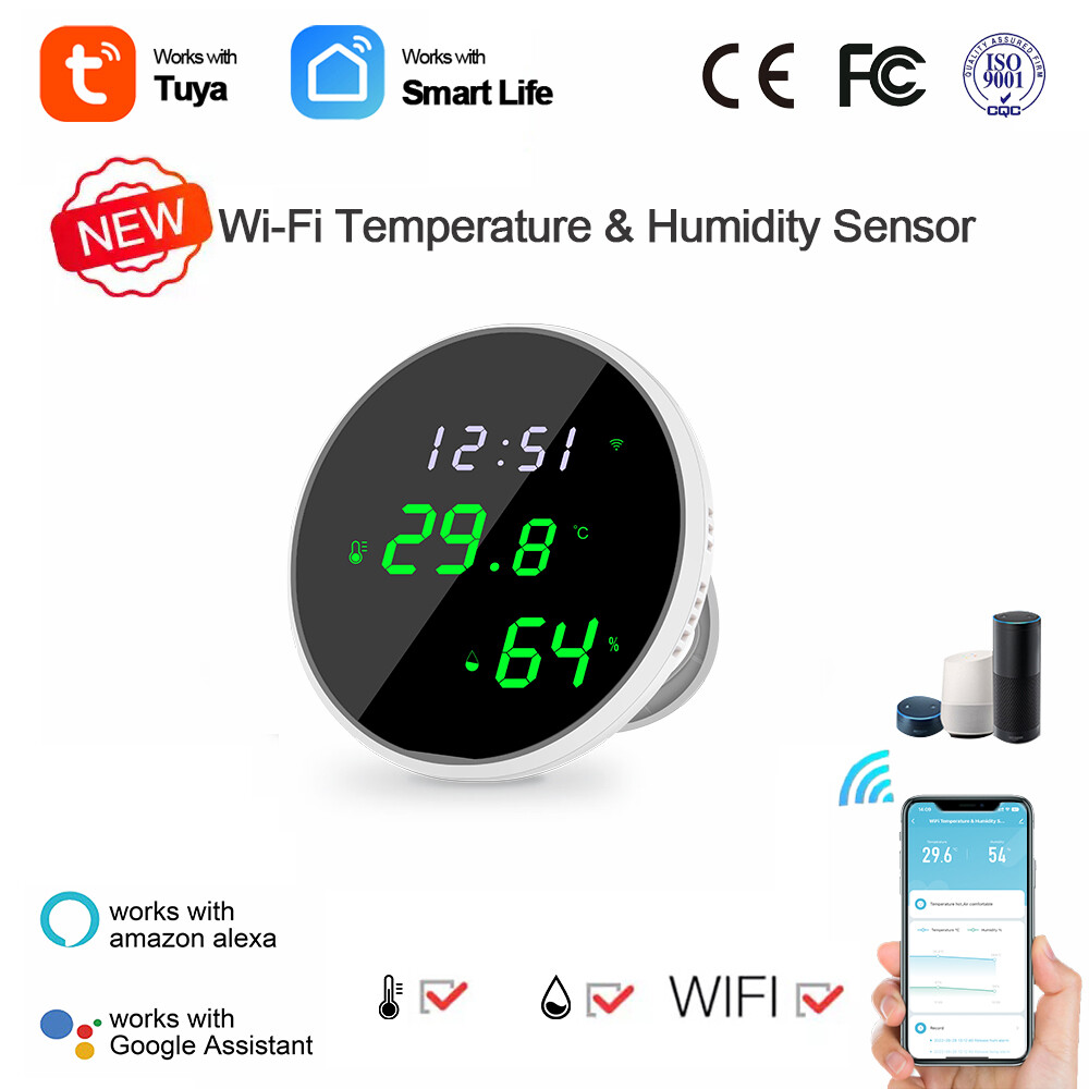 E Life Smart Store Tuya WiFi Temperature And Humidity Sensor With LCD Screen Display Alarm Push Intelligent Linkage Remote Monitoring Works For Alexa Google Assistant Powered Smart Life/TUYA Smart
