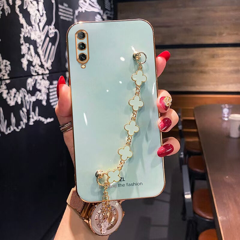 AnDyH Straight Edge Plating Phone case For Huawei Y9S casing,Precise Camera Protection cases Cute girl style cover with Four leaf clover bracelet