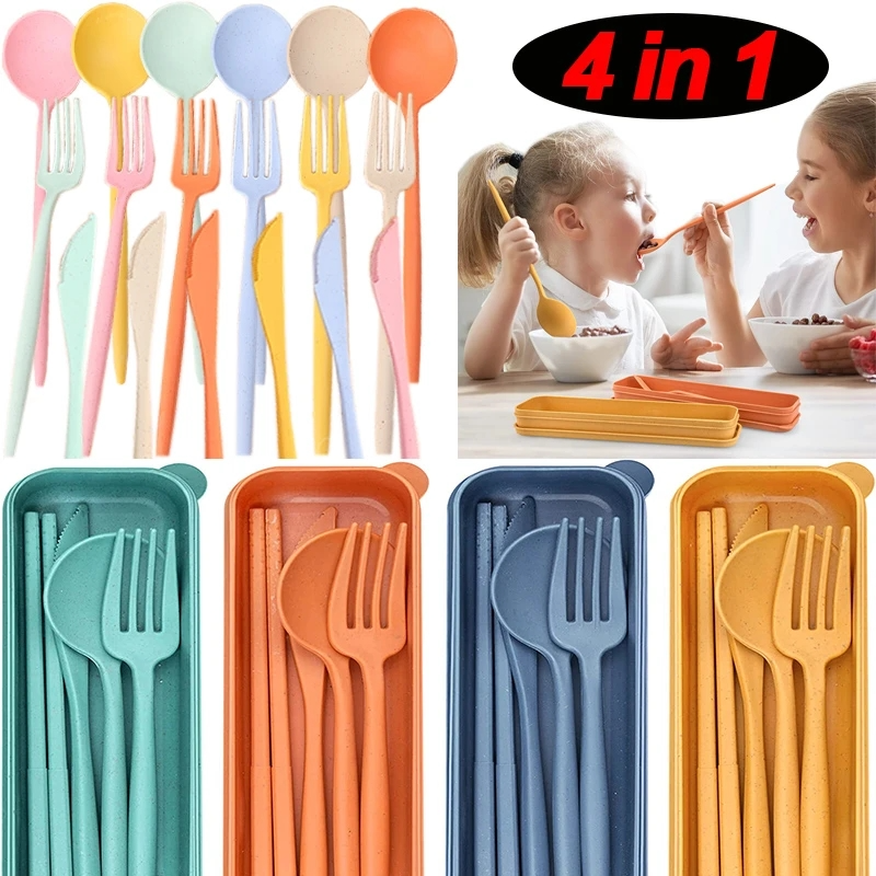 4pcs/set Cutlery Wheat Straw with Box Students Tableware Travel Portable Dinnerware Spoon Fork Chopsticks Kitchen Meal Box