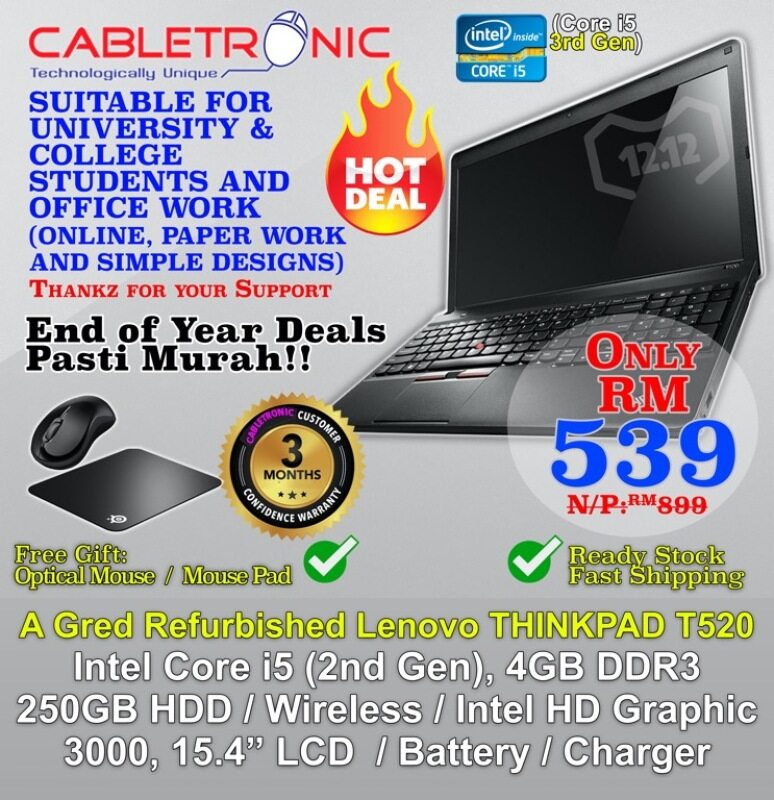 Refurbished Lenovo ThinkPad ThinkPad T520 Business Laptop ( Intel Core i5 2nd Gen , 4GB DDR3, 250GB HDD , 15.6 LED Wide Screen (A Gred Refurbished Laptop) Malaysia