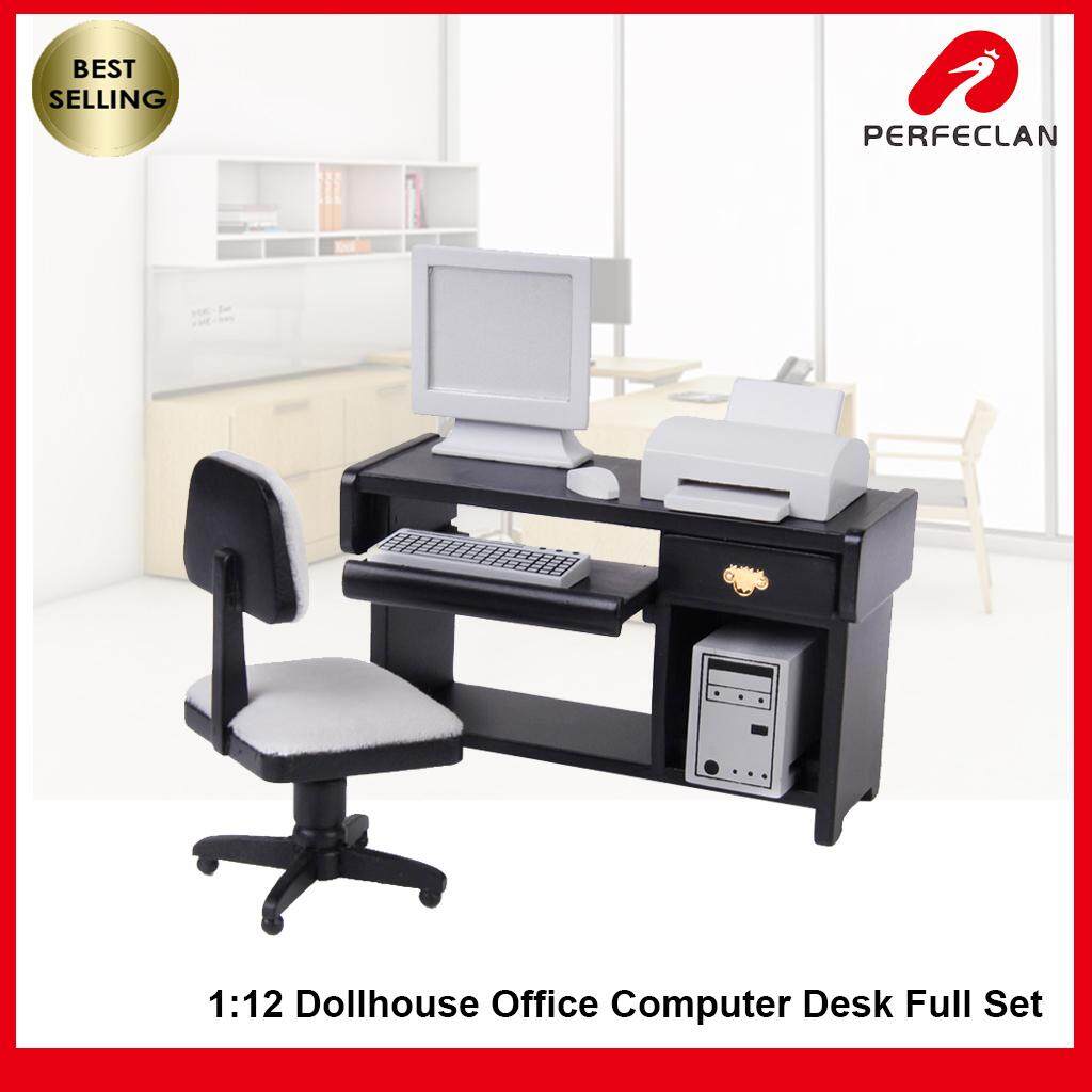 Perfeclan Modern Computer Full Set Desk Chair Printer Office Furniture For 1 12 Dollhouse Miniatures
