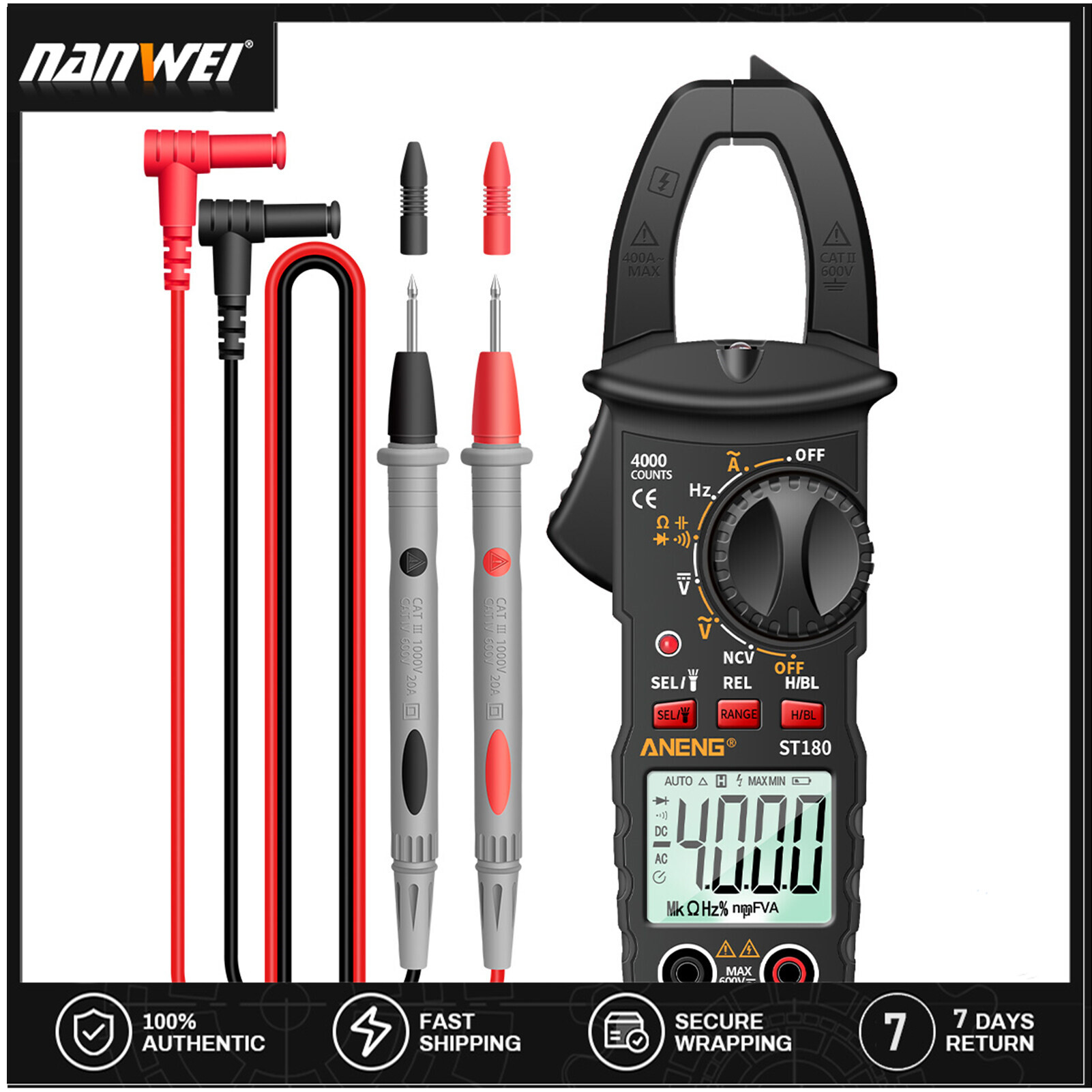 NANWEI ANENG ST180 4000 Counts Digital Clamp Meter Multimeter Voltmeter Ammeter AC DC Voltage Meter NCV Tester Universal Meter Tester Current Clamp Tester -30~1000°C Temperature Resistance Capacitance Frequency Diode Measurement