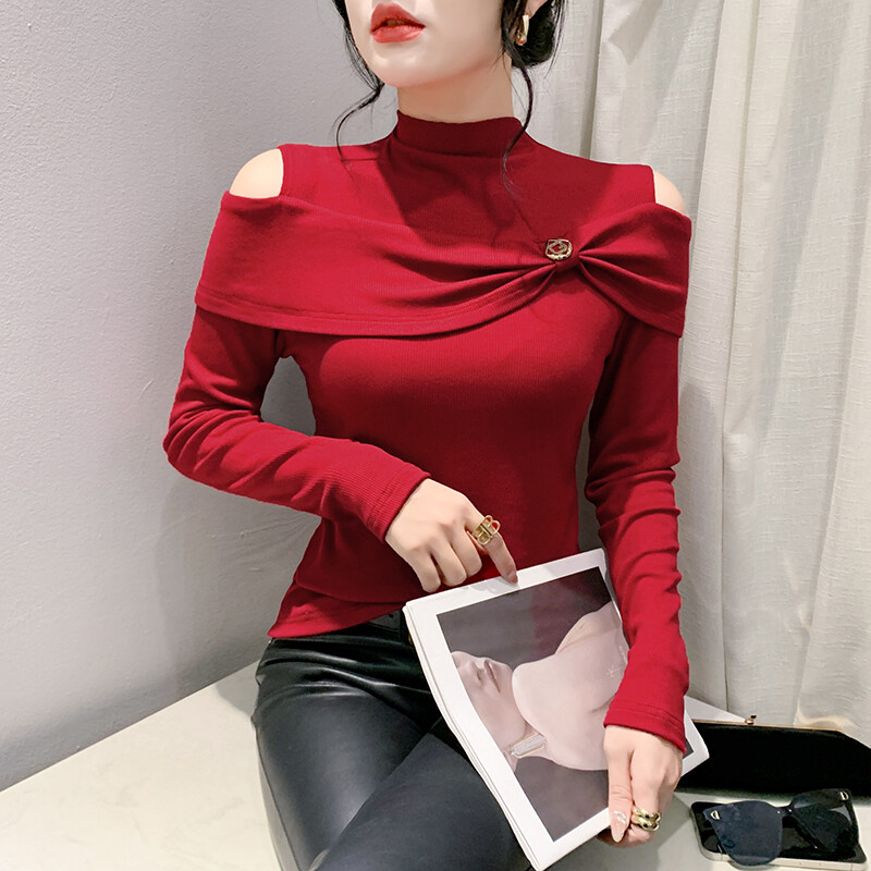 YIMEI Sexy Cotton Women's T-shirt Red Off Shoulder Top Long Sleeve Thickened Brushed Black Underlay Shirt
