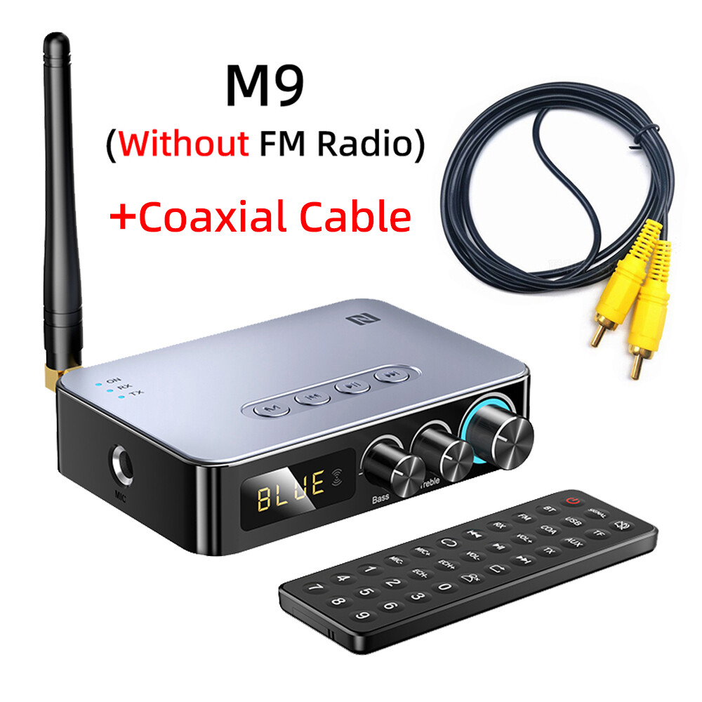 Disour m9/m9pro nfc bluetooth 5.1 audio receiver transmitter 3.5mm aux/rca/usb u-disk/tf/6.5 micrphone karaoke/coaxial/fm radio dsp decoding bass treble hifi music wireless adapter with led display for tv pc car speaker amplifier