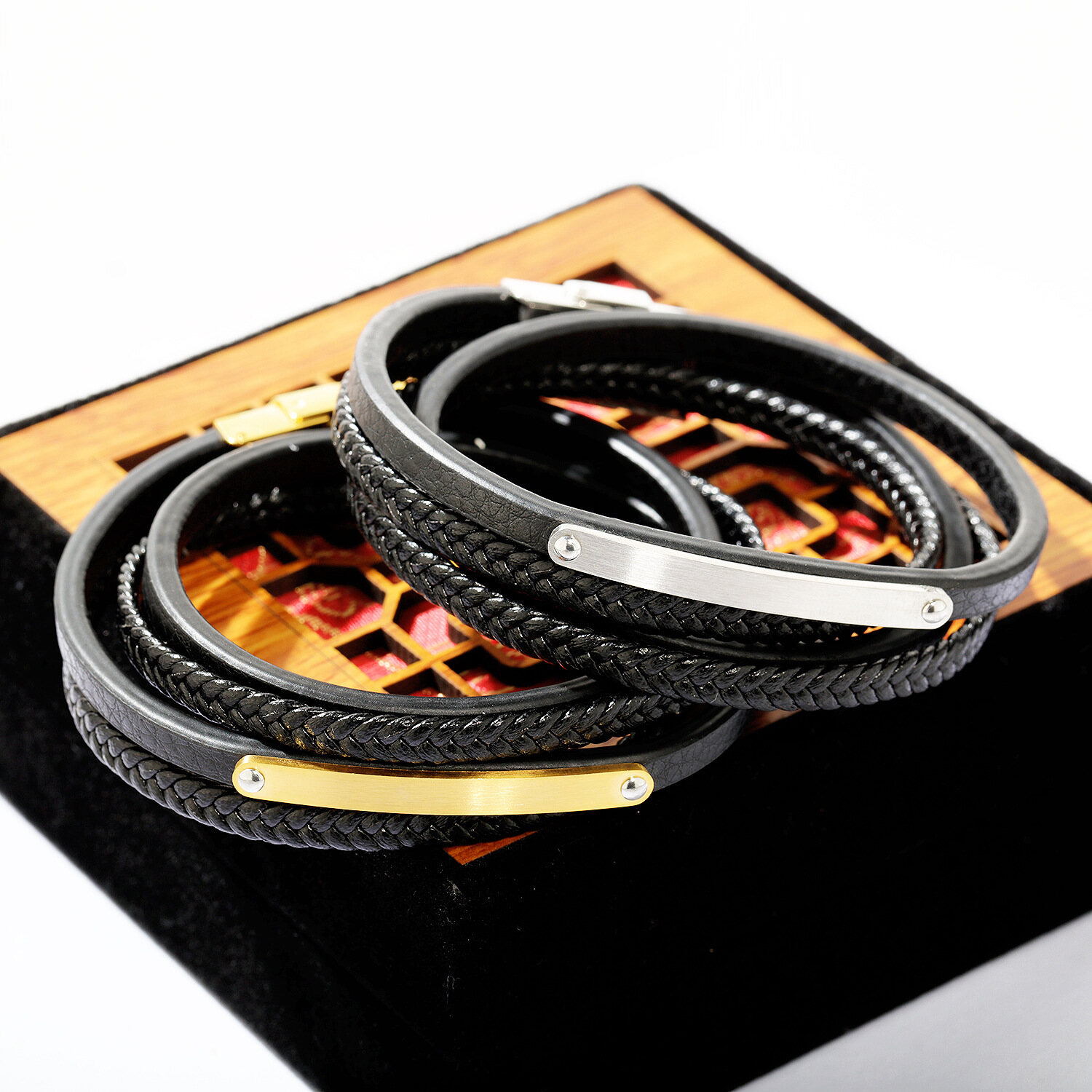 Hot Vintage Multi-Layered Braided Steel Leather Bracelet Black Leather Cord Bracelets