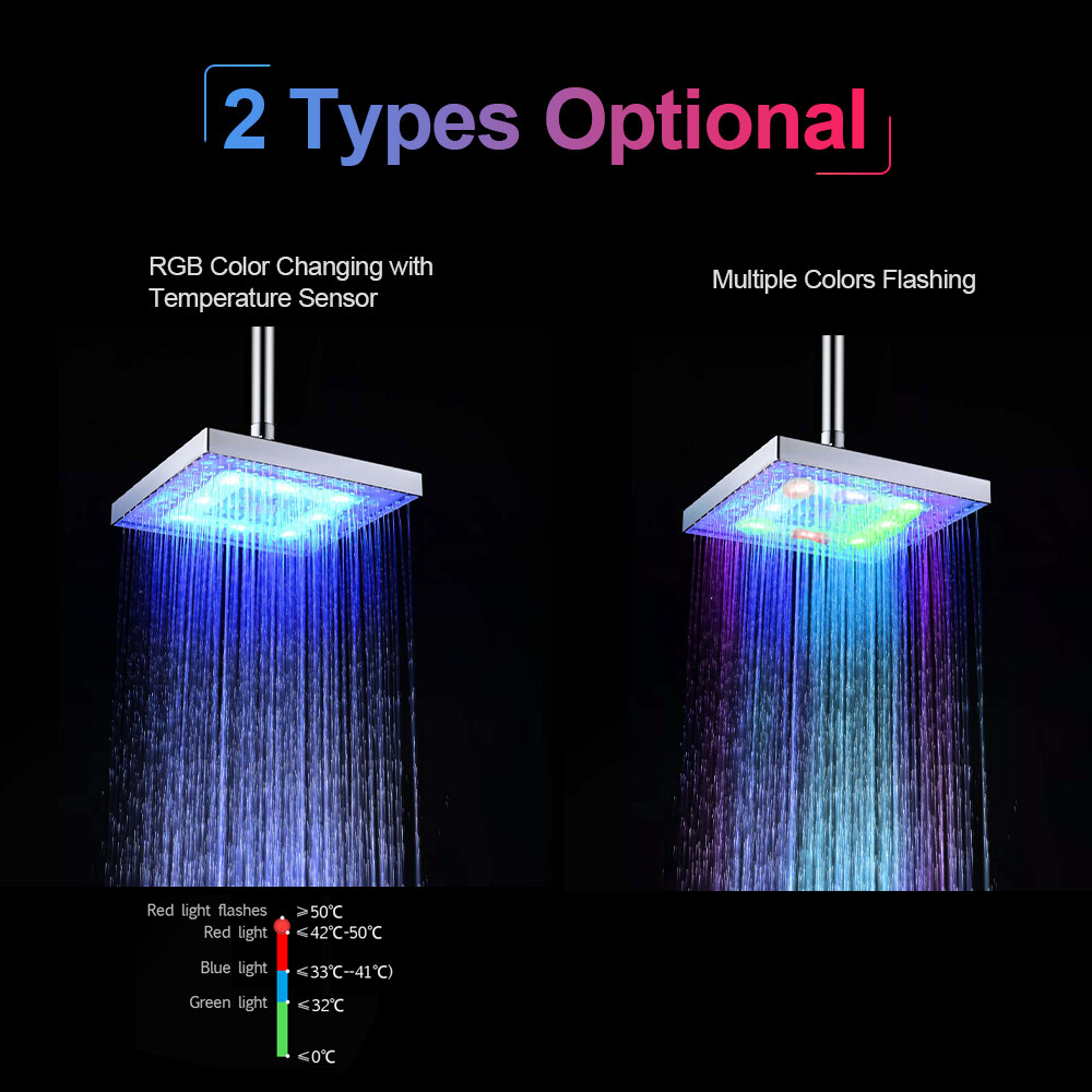 Đèn Led Mưa Vòi Hoa Sen Đầu Vòi Hoa Sen Vuông Vòi Sen Cảm Biến Nhiệt Độ Thay Đổi Màu RGB Tự Động Cho Phòng Tắm