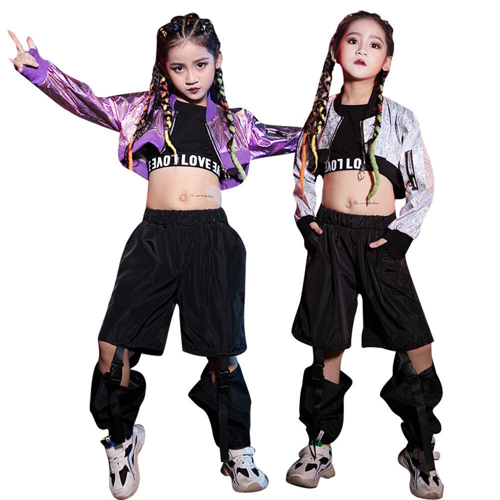 Children Girls Silver/Purple Coat OR Black Pants Clothing Kids Hip Hop Jazz Dance Costumes Lolanta Vest Stage Performance Wear