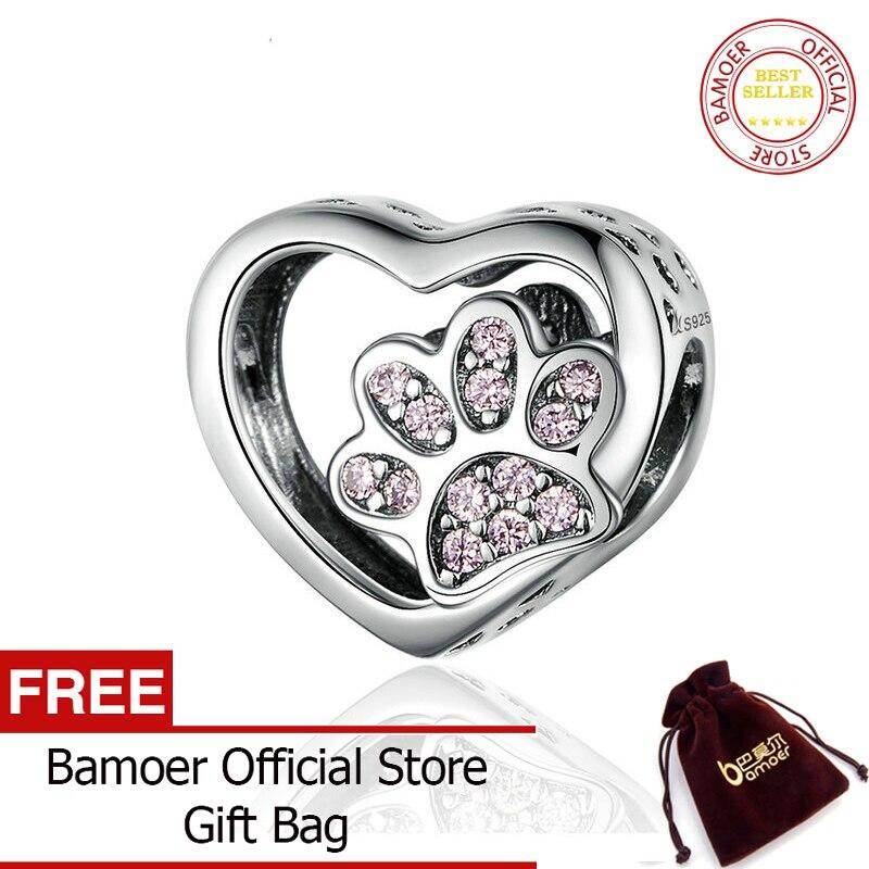 BAMOER Cat Love Heart-shape Charm 925 Sterling Silver Paw Footprints Heart Charms for Bangle Bracelet Fine Jewelry SCC1191