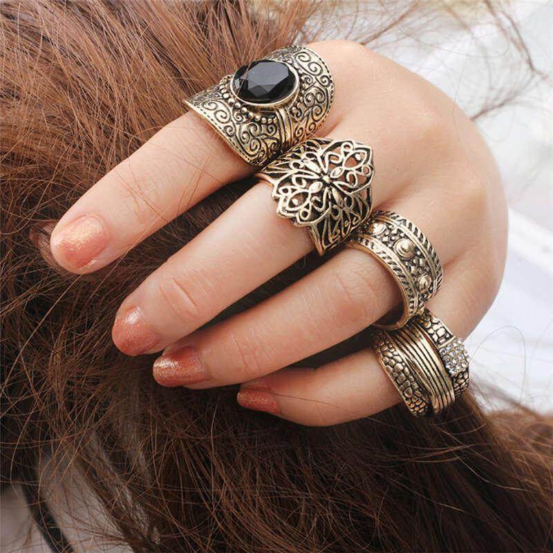 4 Pcs/set 2019 Baru Wanita Batu Hitam-Peningkatan Luas Indeks Cincin Harga Gadis Vintage Diukir Gold Hoki Bohemian