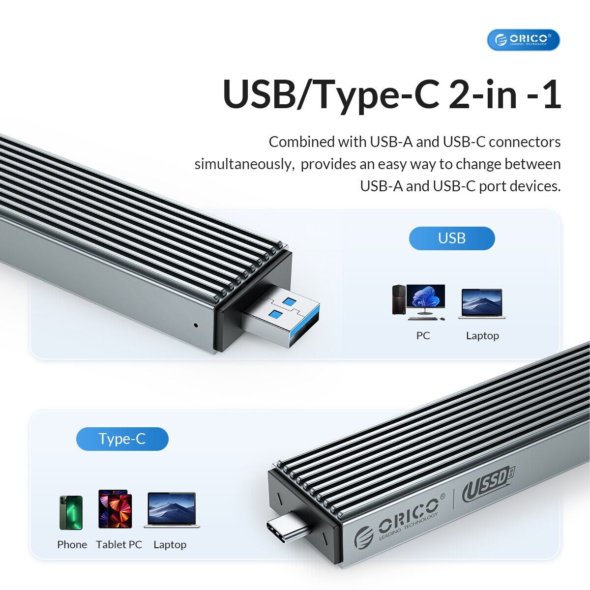 ORICO 2 Trong 1 USB A Type-C Giao Diện Kép M.2 Vỏ Đựng Ổ SSD Hỗ Trợ M2 NVMe M Key SATA NGFF M & B Key Ổ Cứng SSD Với Tấm Làm Mát