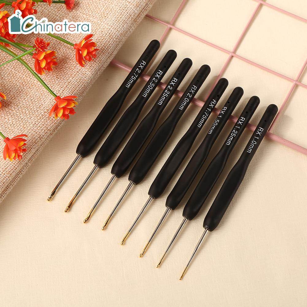 [Chinatera] 8pcs Plastic Handle Aluminum Crochet Hooks Yarn Knitting Needles Set for Sweater Ergonomic DIY Weave Craft Hand Sewing Tools