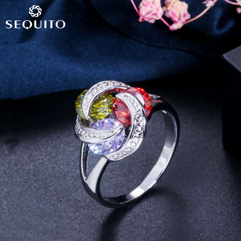 Sequito stunning round cut aaa cz diamond ring with 925 silver stamp proposal band for women exquisite fashion finger jewelry gifts sr-025