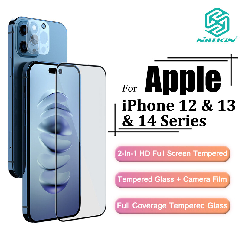 Nillkin 2-in-1 HD Full Cover Tempered Glass For iPhone 14 Pro Max 14 Pro 14 Plus 14 13 Pro Max 13 Pro 13 Mini 13 12 Pro Max 12 Pro 12 Mini Anti-Scratch Full Screen Tempered Glass + Camera Protective Film for iPhone 12 13 14 Series