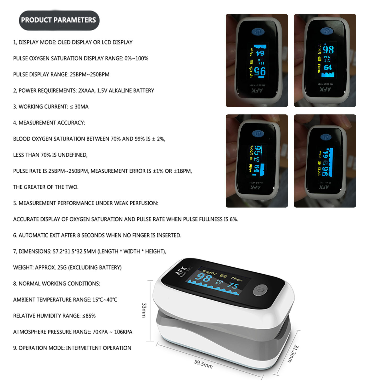 AFK YK011 Pulse Oxi เมตร OLED จอแสดงผลความอิ่มตัวของออกซิเจนในเลือด