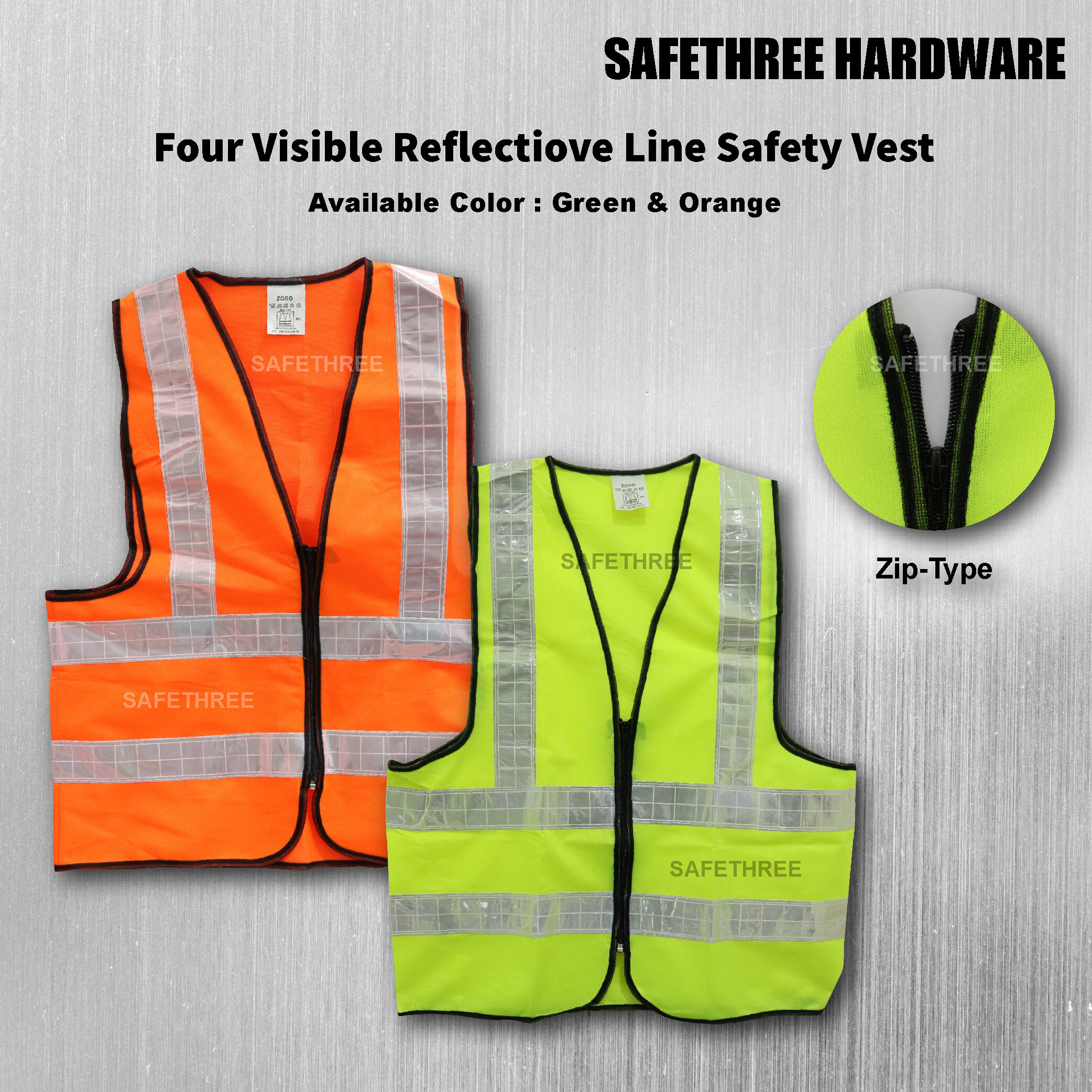 Heavy Duty Green Orange Zip Type Safety Vest With Four Line