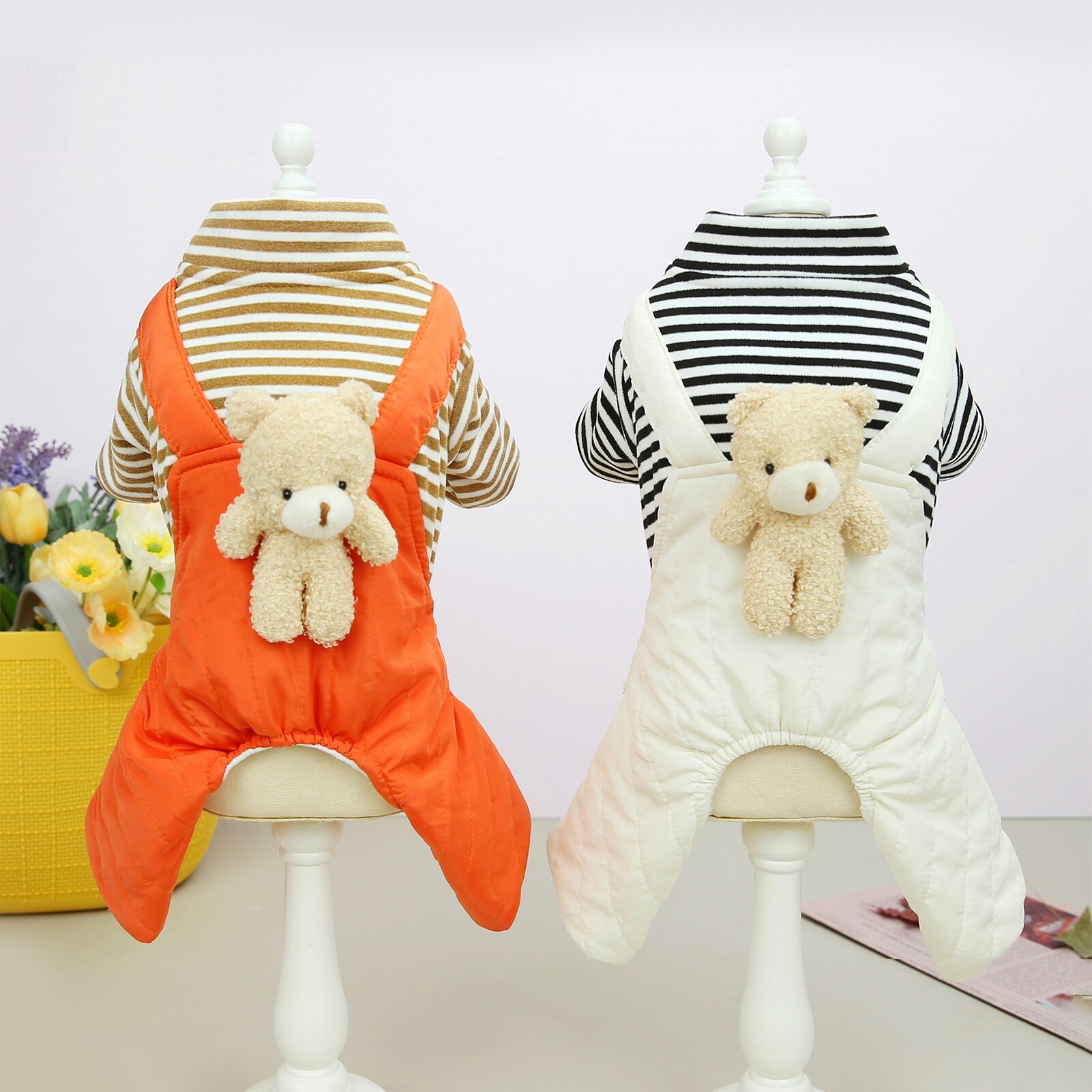 Pet Jumpsuit Super Soft Button Closure Cartoon Design Stripe Pattern Windproof Keep Warm Acrylic Fibers Winter Warm Four-Legged Pet Clothing with Bear Decor Pet Supplies