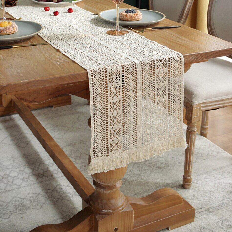 Crochet Encrypted Tassel Table Runner,Kitchen Dining Cotton Table Covering Home Party Decor for Wedding Holiday Event Designing