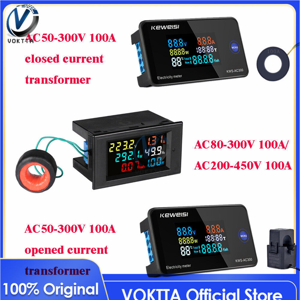 VOKTTA AC 50-300V 10A 100A LCD six display multifunctional voltage current power meter frequency meter power factor detector with transformer