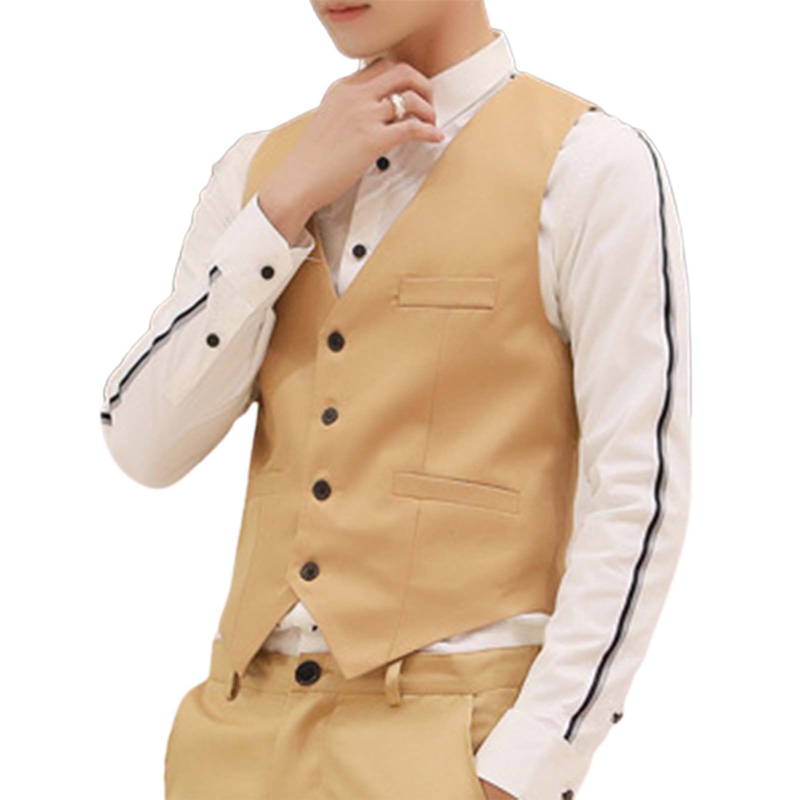 wenchengbo®Men Waistcoat Solid Color Slim Single-breasted Formal Spring Vest for Work