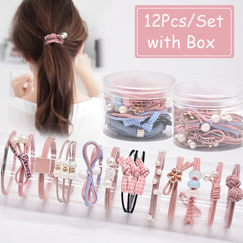 12Pcs/set Simple Women Hair Ropes Elastic Flower Pearl Hair Rope Ponytail Girl Rubber Band Scrunchies Fashion Hair Accessories