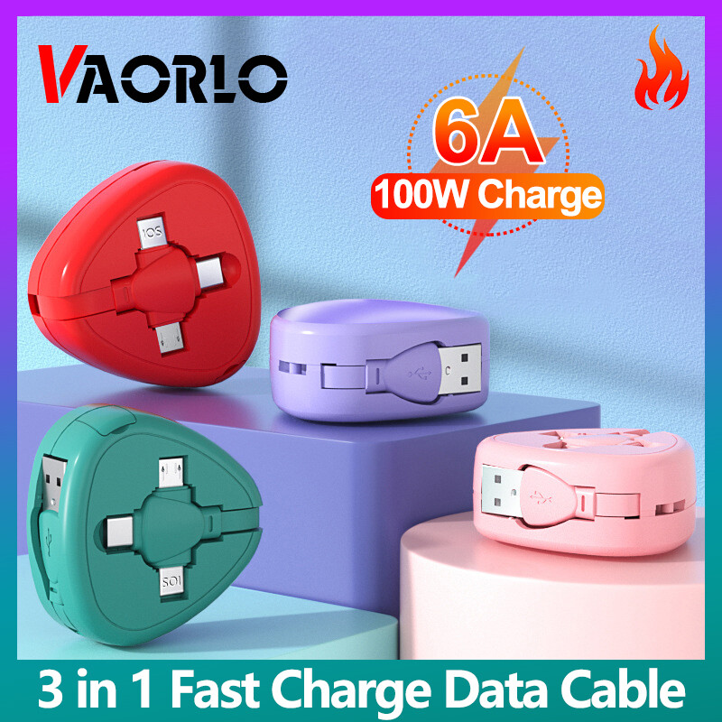 VAORLO 3 in 1 Fast Charging Cable 7 Color Triangular Telescoping Data Transmission Wire Compatible With iPhone Portable For Travel Charger Line For Xiaomi Huawei