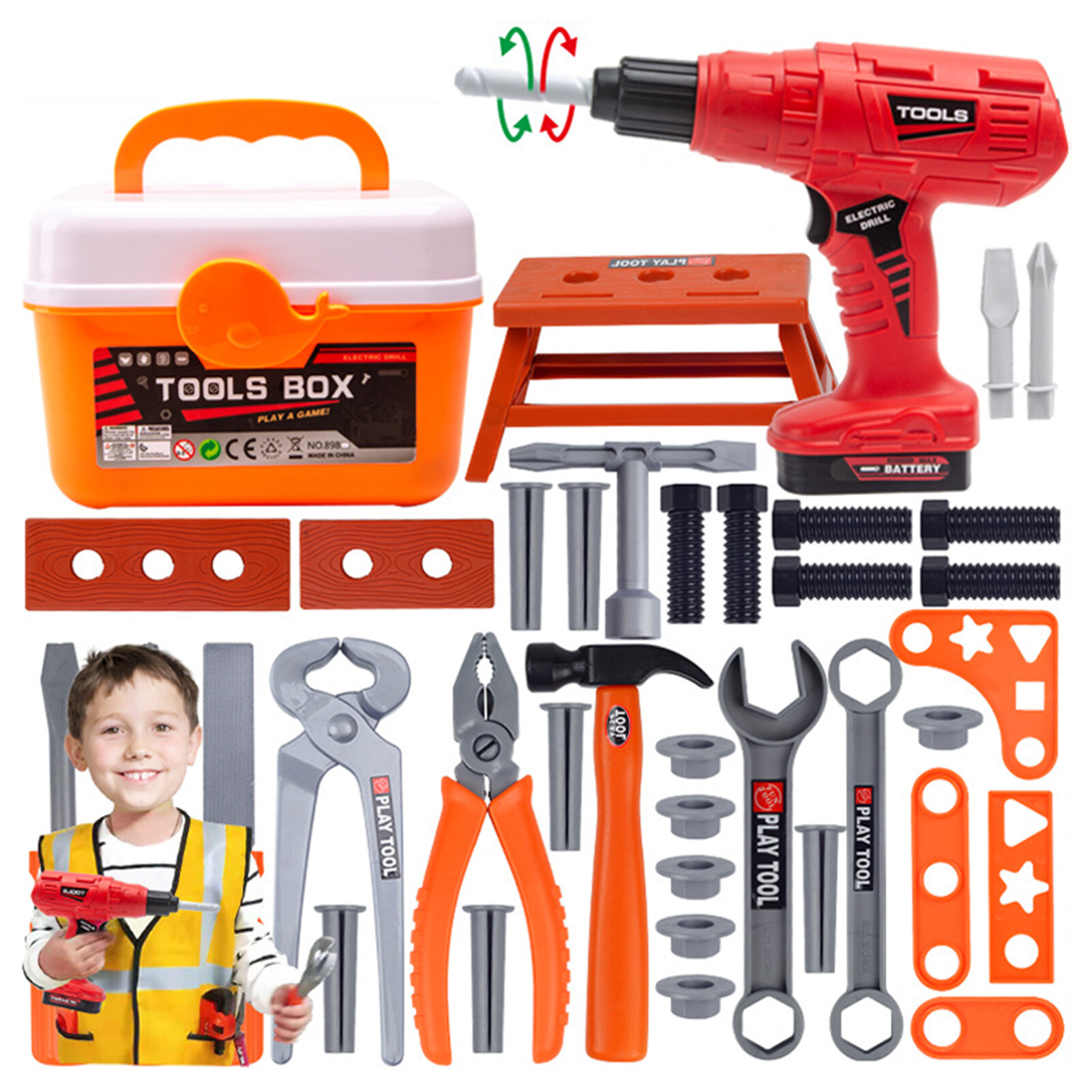 Large Capacity Toy Storage Play House Toys Simulation Interactive Kids Electric Tool Set with Chainsaw Screwdriver and Storage Fun Pretend Play and Learning Toy for Boys 43pcs/set