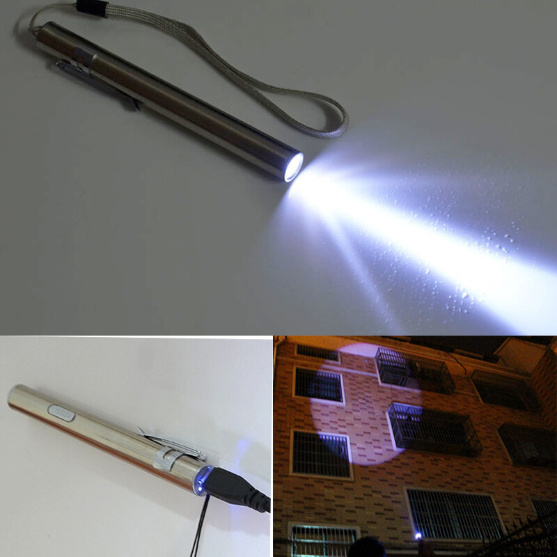 1pc Mini LED Pen White Light Flashlight Stainless Steel Rechargeable With Usb Cable