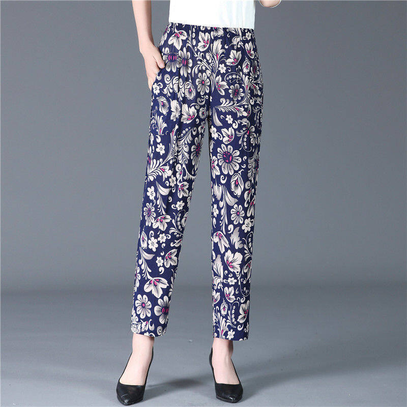 New Middle-aged and Elderly Women's Pants Summer Thin Nine-point Pants Old Lady Loose Straight-leg Pants Mother Flower Pants
