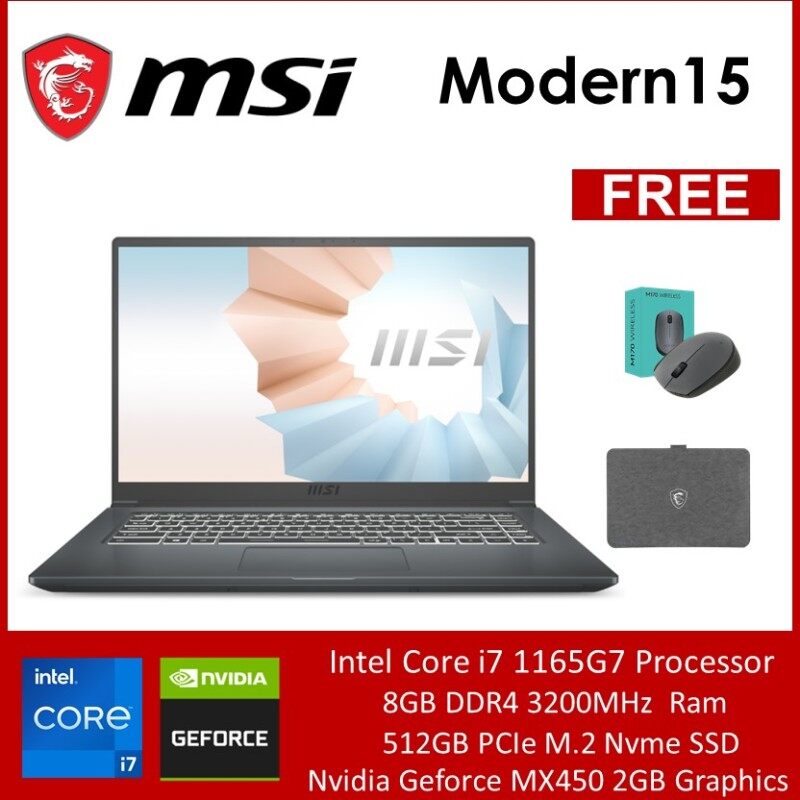 MSI Modern 15 A11SB-075 15.6 FHD Laptop Carbon Grey ( I7-1165G7, 8GB, 512GB SSD, MX450 2GB, W10 ) Malaysia