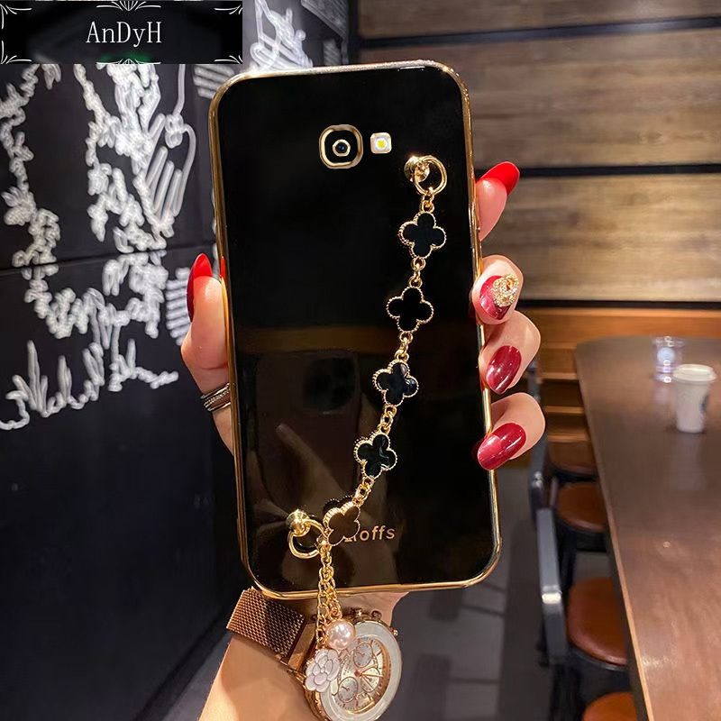 AnDyH Straight Edge Plating Phone case For Samsung Galaxy J4 Plus casing,Precise Camera Protection cases Cute girl style cover with Four leaf clover bracelet