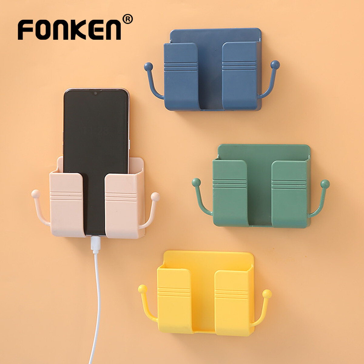 FONKEN Phone Holder Wall Mounted Organizer Storage Box Remote Control Mounted Mobile Phone Plug Wall Holder Charging Multifunction
