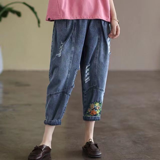Elastic Waistband Floral Denim Harlem Joggers