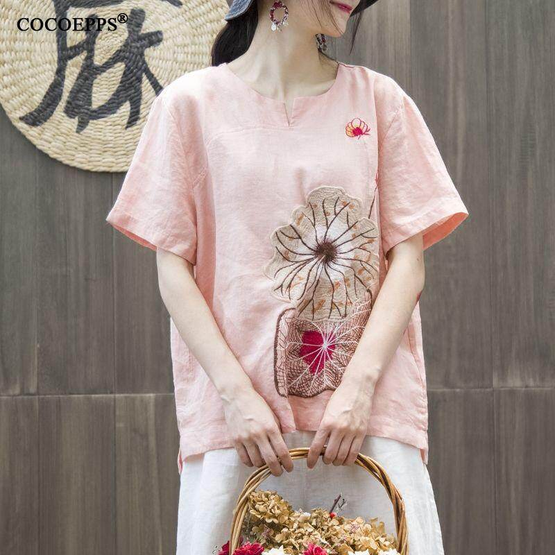 COCOEPPS 2023 Chinese style women dress summer New cotton lotus leaf heavy industry embroidery V collar jacket embroidered loose large size female art blouse women
