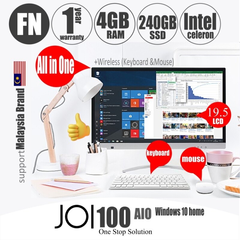 JOI AIO 100 + FREE 100GB Hosting (Intel Celeron J3160 quad-core; 4GB RAM 240GB SSD 19.5 FHD IPS) + wireless Mouse + Wireless Keyboard Malaysia