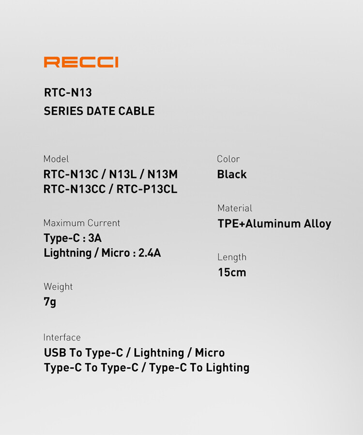 Dây Cáp Sạc ngắn 15cm Recci Cho iPhone Lightning Type C Micro Usb