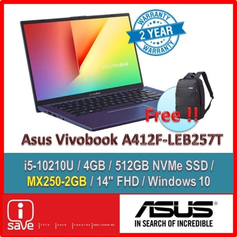 ASUS Laptop Vivobook A412F-LEB257T 14 Peacock Blue (i5-10210U,4GB,512GB,MX250,WIN10) Malaysia