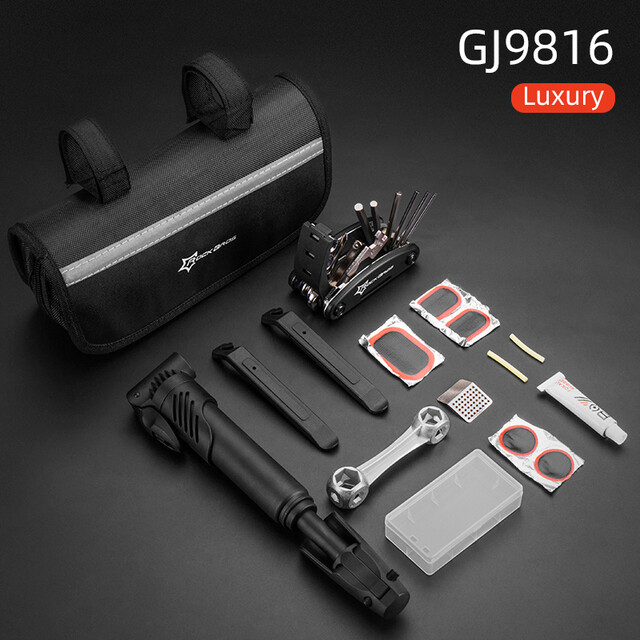 Rockbros bike portable tyre bike repair kit tool bag multi-function patch rubber tool with 16 in 1 tire repair tool with mini pump
