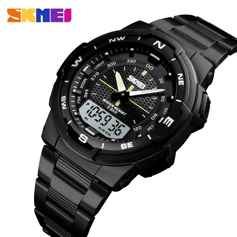 SKMEI New Men Fashion Sports Watches Casual Waterproof Watch Multifunction Stainless Steel Dual Display Digital Wristwatches Male Clock