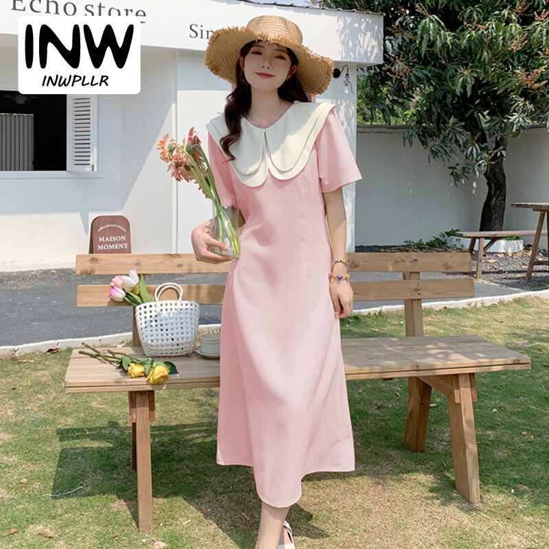 INWPLLR Design Sense Retro Plain Dress Women's Elegance Peter Pan Collar Midi Dresses Korean Fashion Black Dress Women