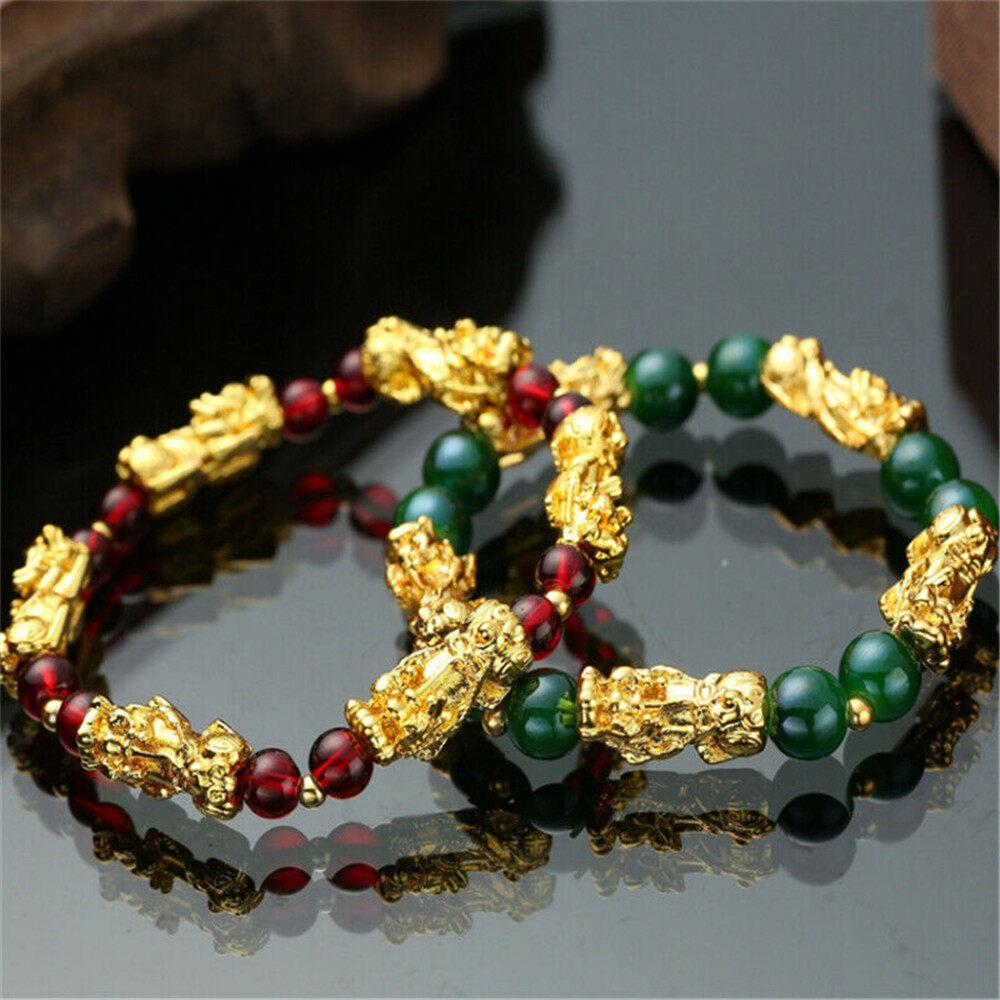 【Prettyset】Feng Shui Lucky Gold PiXiu Agate Bracelet Colorful Agate Jewelry Golden Wealth Amulet Bangle Wristbands