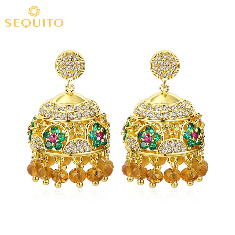 SEQUITO Luxury Cubic Zircon Statement Beads Tassel Bell Pendant Earrings Arab 18K Gold Plated Dubai Wedding Jewely SE309