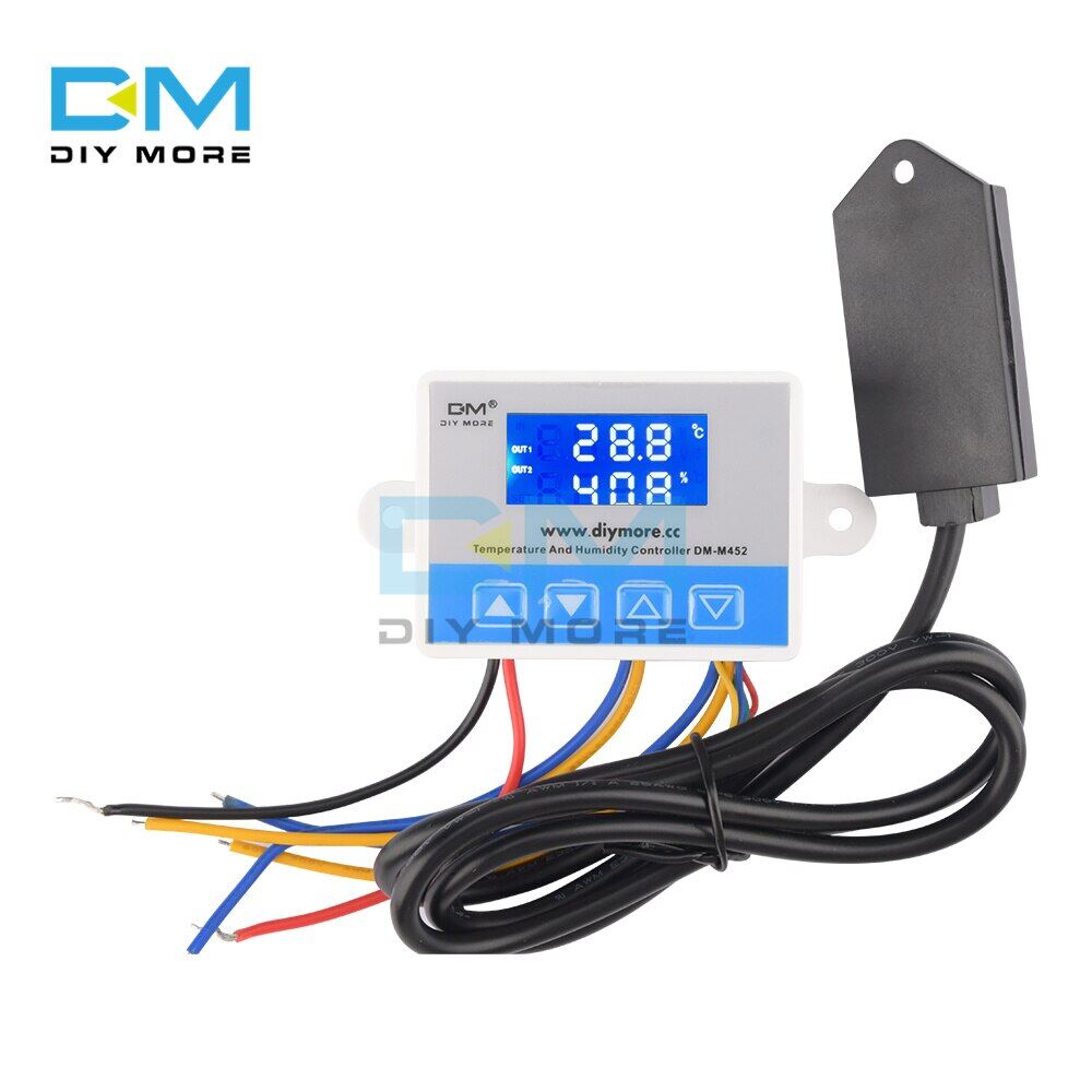 Diymore m452 ac110-220v /dc12v dual output temperature and humidity controller -40~120℃ 0%-100% relay output lcd display temperature controller