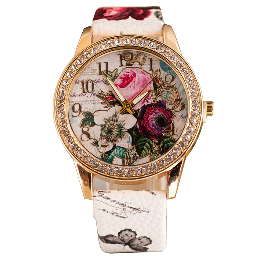 Dressy Code Women Rhinestone Inlaid Flower Round Dial Faux Leather Band Quartz Wrist Watch