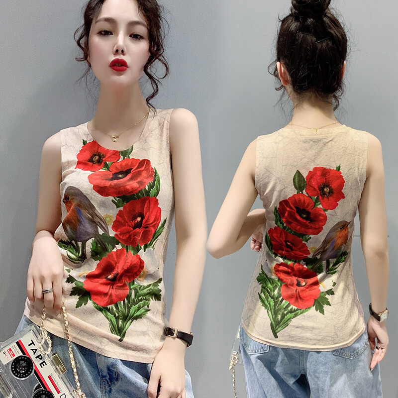 REHIN Women Sleeveless T-Shirt Short safflower pattern paragraph Print Camisoles tops round collar elegant blouse